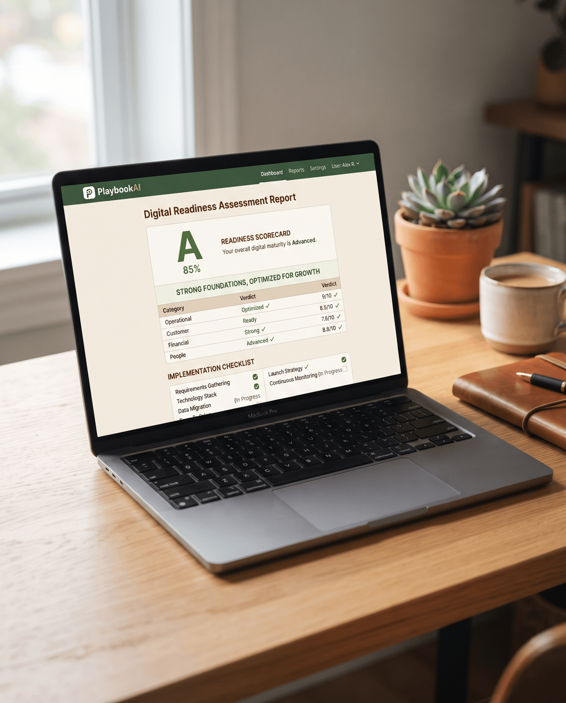 A laptop screen displaying a digital readiness assessment report with scorecard, diligence breakdown table, and checklist.
